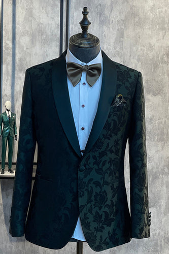 Verde Escuro Jacquard Lapela Shawl Um Botão 2 Peças Terno Masculino
