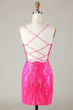 Tendência Hot Pink Lace Up Tight Glitter Homecoming Vestido