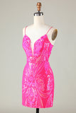 Tendência Hot Pink Lace Up Tight Glitter Homecoming Vestido