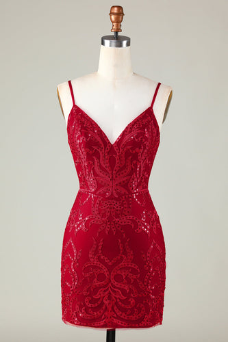 Sparkly Dark Red Sequins Espaghetti Correias Tight Short Homecoming Dress