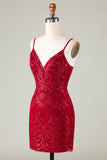 Sparkly Dark Red Sequins Espaghetti Correias Tight Short Homecoming Dress