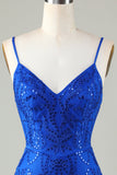 Sparkly Royal Blue Sequins Espaghetti Correias Apertado Curto Homecoming Dress
