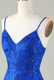 Sparkly Royal Blue Sequins Espaghetti Correias Apertado Curto Homecoming Dress