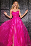 Hot Pink A-Line Esparguete Correias Long Corset Prom Dress com Fenda