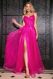 Hot Pink A-Line Esparguete Correias Long Corset Prom Dress com Fenda