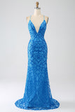 Sereia Azul Esparguete Correias Sequins Long Prom Dress