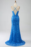 Sereia Azul Esparguete Correias Sequins Long Prom Dress