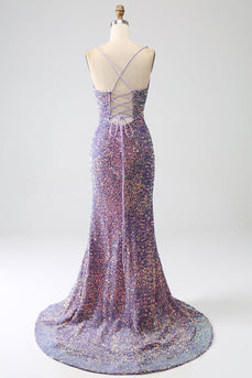Brilhante Sereia Luz Roxo Sequins Prom Dress com Fenda