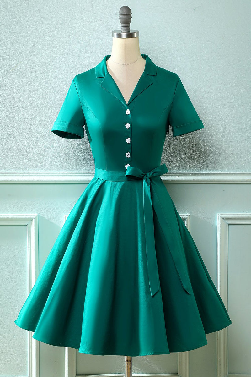 Carregar imagem no visualizador da galeria, Vestido de pescoço verde V do exército dos anos 50 com Bowknot
