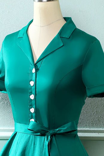 Vestido de pescoço verde V do exército dos anos 50 com Bowknot