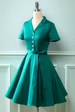 Vestido de pescoço verde V do exército dos anos 50 com Bowknot