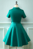 Vestido de pescoço verde V do exército dos anos 50 com Bowknot