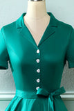 Vestido de pescoço verde V do exército dos anos 50 com Bowknot