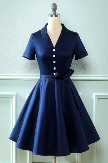 Vestido de pescoço verde V do exército dos anos 50 com Bowknot