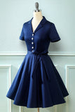 Vestido de pescoço verde V do exército dos anos 50 com Bowknot