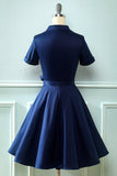 Vestido de pescoço verde V do exército dos anos 50 com Bowknot