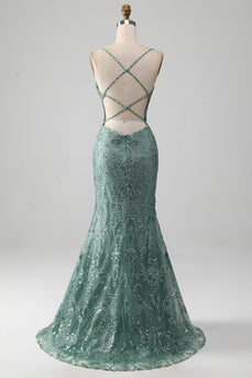 Esparguete Staps Sparkly Grey Green Prom Dress com Missangas