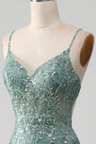 Esparguete Staps Sparkly Grey Green Prom Dress com Missangas