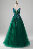 Tule Esparguete Correias Verde Escuro Vestido de Baile com Sequins