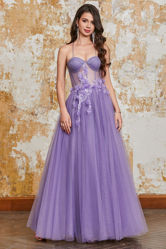 A-Line Espaghetti Correias Purple Corset Prom Dress com flores 3D