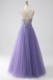 Roxo A-Line Espaghetti Straps Corset Prom Dress com flores 3D