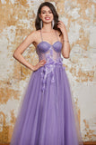 A-Line Espaghetti Correias Purple Corset Prom Dress com flores 3D