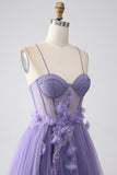 Roxo A-Line Espaghetti Straps Corset Prom Dress com flores 3D