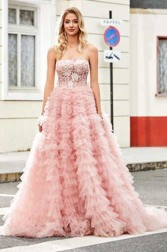 A-Line Strapless frisado Blush Tiered Long Prom Dress