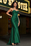 Sereia elegante espaguete correias verde escuro espartilho vestido de baile com frente dividida