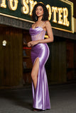 Sereia elegante alças espaguete roxo espartilho vestido de baile com frente dividida