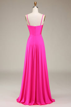 Hot Pink Espaghetti Correias A-line Prom Dress com Pregas