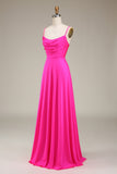 Hot Pink Espaghetti Correias A-line Prom Dress com Pregas