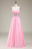 Correias de espartilho cor-de-rosa Vestido de baile de formatura de linha A com pregas