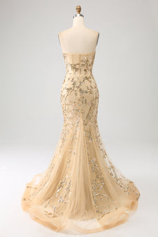 Sereia Champagne Sparkly Corset Prom Dress