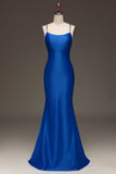 Vestido de baile de formatura de cetim azul real simples sereia longo