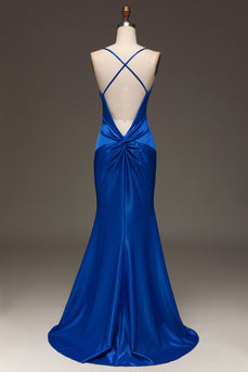 Vestido de baile de formatura de cetim azul real simples sereia longo