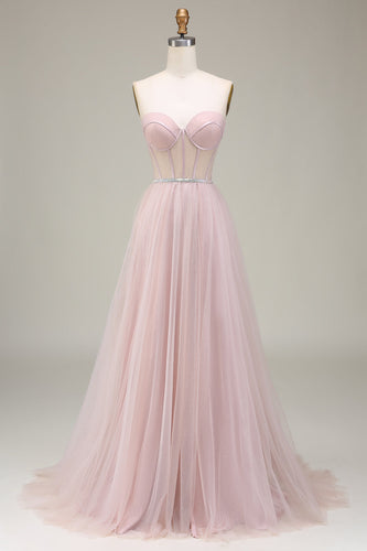 Tulle Querida Vestido de Baile Rosa Claro com Espartilho