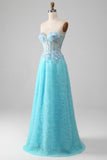 Sky Blue Querida Corset Prom Dress com Sequins