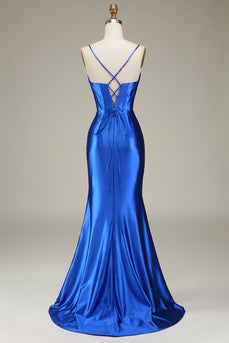 Royal Blue Espaghetti Correias Sereia Vestido Longo Baile de Formatura Com Fenda