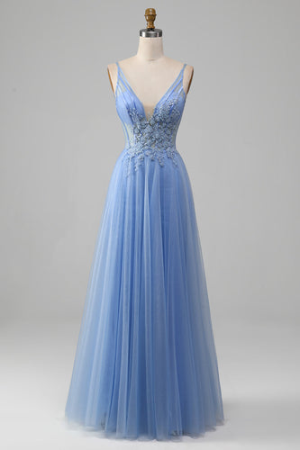 Azul claro A-Line V Neck Tulle Prom Dress Com Apliques