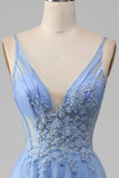 Azul claro A-Line V Neck Tulle Prom Dress Com Apliques