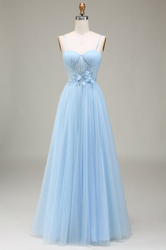 Brilhante azul claro A-Line Tulle Prom Dress Com Apliques