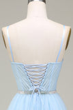 Brilhante azul claro A-Line Tulle Prom Dress Com Apliques