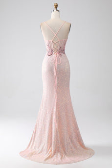 Glitter rosa frisado sereia vestido de baile com fenda