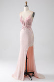 Glitter rosa frisado sereia vestido de baile com fenda