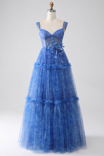 Azul Impresso Uma Linha Tulle Corset Prom Dress