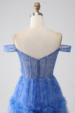 Azul Impresso Uma Linha Tulle Corset Prom Dress
