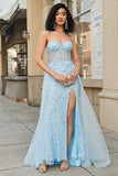 Charmoso A Line Sweetheart Blue Corset Prom Dress com Beading Slit