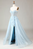 Corset Blue Strapless Um vestido de baile de formatura de linha com fenda