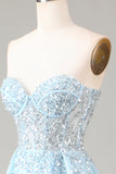 Corset Blue Strapless Um vestido de baile de formatura de linha com fenda